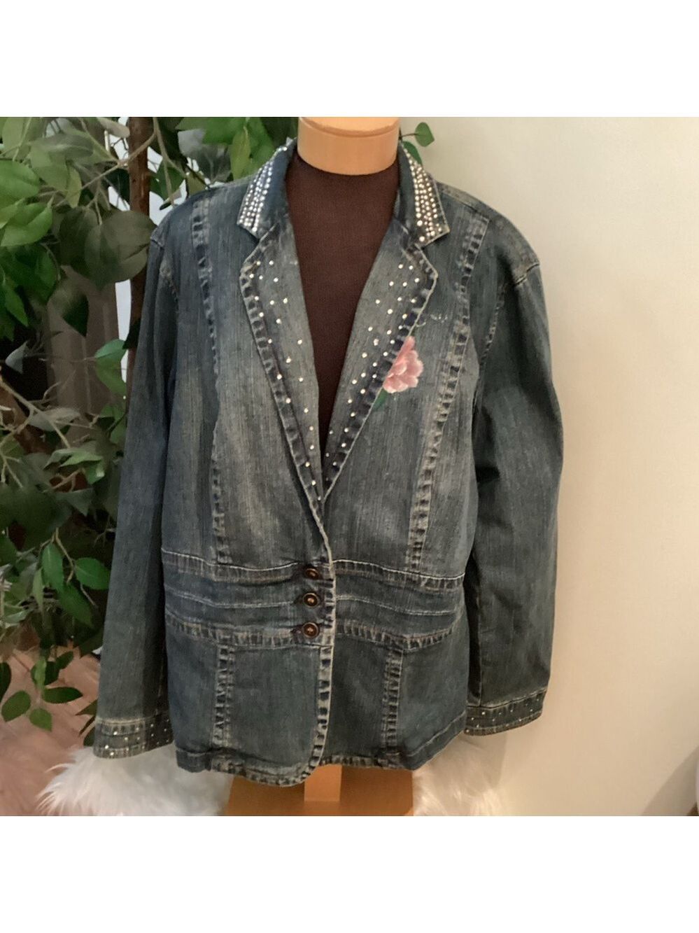 a.n.a 3 button painted floral glitter embellished Jean jacket Woman’s size 2X - Picture 1 of 15